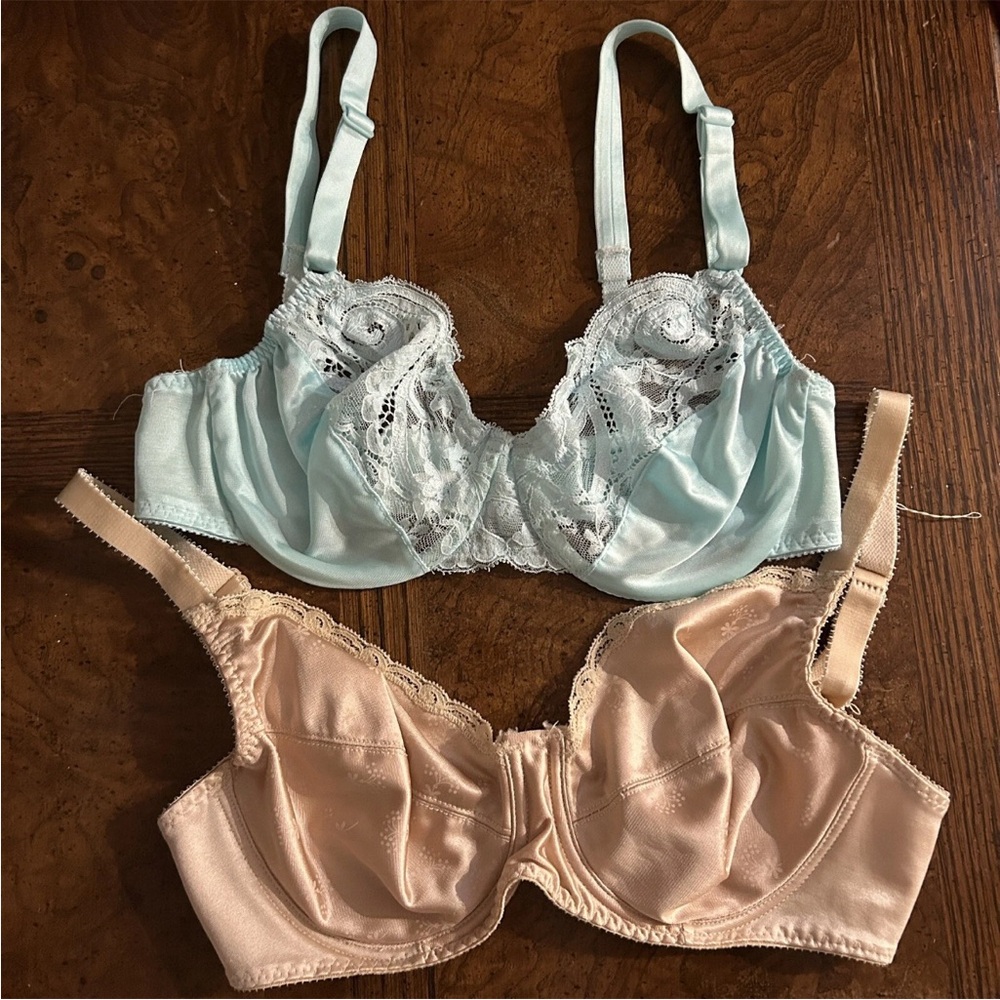 (2) 34C Vintage Olga Balconette Bra Lace Unlined Underwire Mint Nude Lingerie